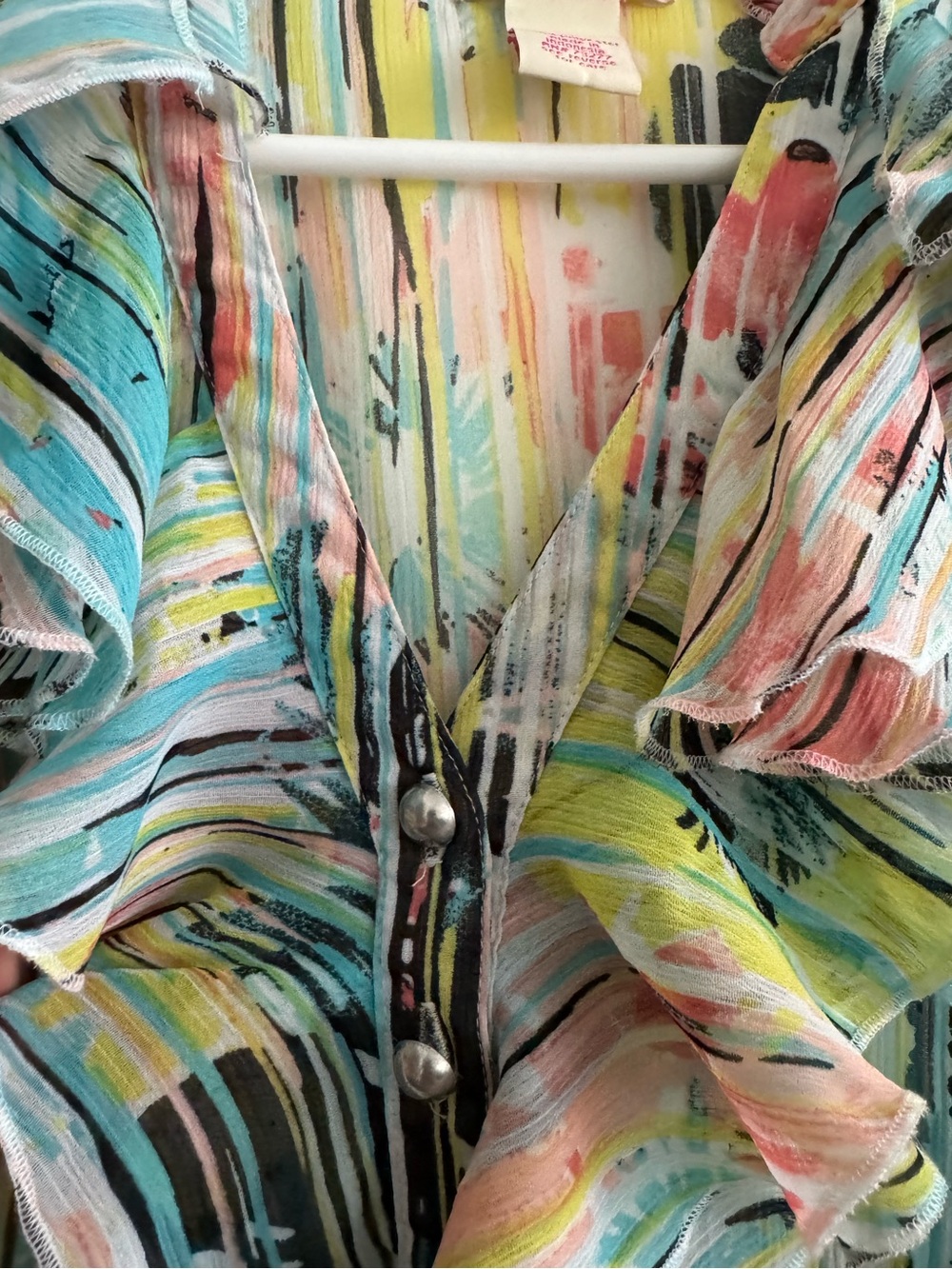Candie's Abstract Floral Ruffle Blouse V-Neck Smocked Waist Top L - Picture 4 of 7